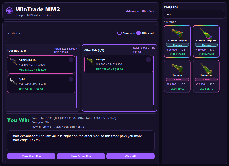 WinTrade MM2 trade calculator app preview